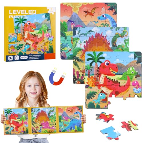 Magnetische Puzzle für Kinder, Magnet Puzzle ab 3-7 Jahre, 25-30-42 Teile Magnete Puzzlebuchen für Kinder, Kinderpuzzle Magnet Puzzle,Pädagogisches Spielzeug für Kinder Jungen und Mädchen(Dinosaurier) von Seasboes