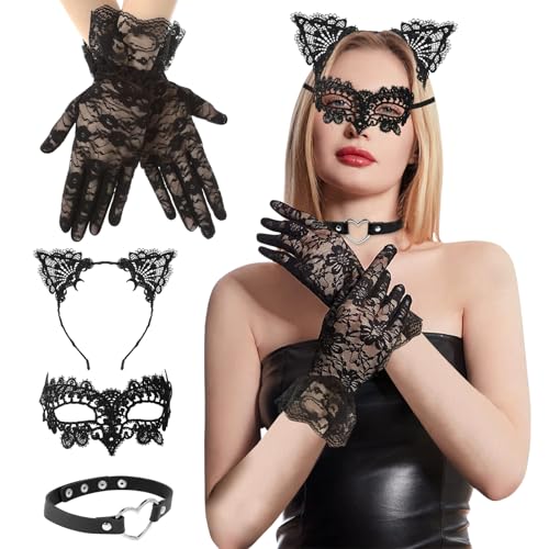 Seasboes 4 Stück Katzenkostüm Damen Fasching, Katzenohren Haarreif Spitze, Faschingskostüm Frauen Accessoires, Cosplay Kostüm mit Handschuhe Karneval Festival Maskerade Halloween Party von Seasboes