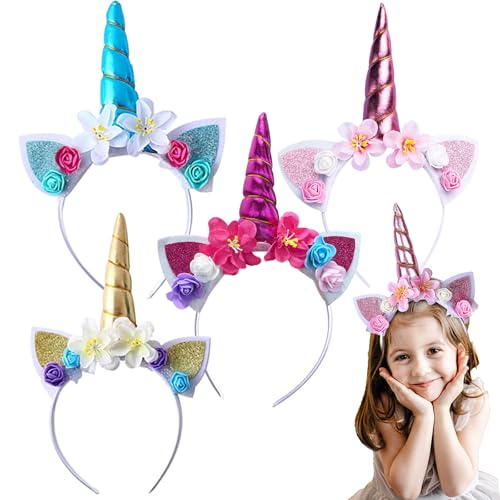 Seasboes Einhorn Stirnband Kinder, Einhorn Haarreif Kinder, Einhorn Haarreif Unicorn Horn Stirnband Mit Ohren, Head Accessoires Party Dekoration für Mädchen (4 Stück) von Seasboes