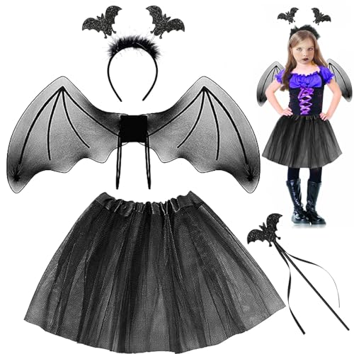 Seasboes Fledermaus Kostüm Kinder, Halloween Fledermaus Kostüm Set, Fledermaus Flügel Kostüm Damen mit Tüllrock, Flügel, Zauberstab und Haarreif für Kinder Cosplay Party Halloween Karneval von Seasboes