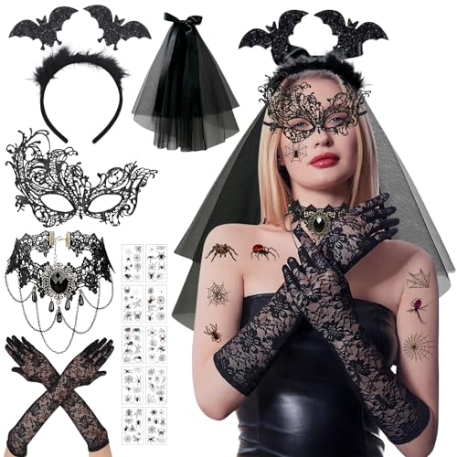 Seasboes Halloween Kostüm Damen, Fledermaus Haarreif, Choker Zubehör Vintage, Lace Venezianische Masken, Spitze Handschuhe, Gothic Halskette Set für Halloween Maskenball von Seasboes