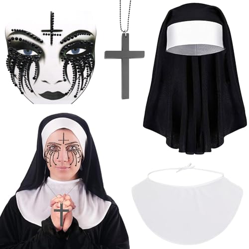 4 Stück Nonne Kostüm Damen, Halloween Horror Nonne Kostüm, Halloween Nonnen Damen mit Kreuzkette, Halloween Glitzersteine Gesicht, Nonnenhaube, Kragen, Gut für Halloween, Karneval, Cosplay Party von Seasboes