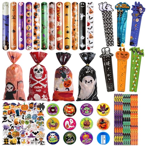 Seasboes Halloween Schreibwaren Geschenk, 110 Stück Kinder Party Mitgebsel, Kinder Halloween Süßigkeiten Tüten, Partygeschenk Mitgebel Spielzeug inklusive Halloween Bleistifte, Lineale, Aufkleber von Seasboes