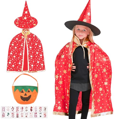 Seasboes Kinder Halloween Kostüm, Hexenkostüm Kinder Umhang, Enthalten Hexen Zauberer Umhang mit Hut, Kürbis Candy Bag, Umhang Zauberer Kinder für Halloween Karneval Cosplay Themenparty von Seasboes