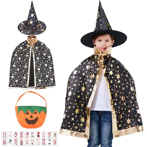 Seasboes Kinder Halloween Kostüm, Hexenkostüm Kinder Umhang, Enthalten Hexen Zauberer Umhang mit Hut, Kürbis Candy Bag, Umhang Zauberer Kinder für Halloween Karneval Cosplay Themenparty von Seasboes