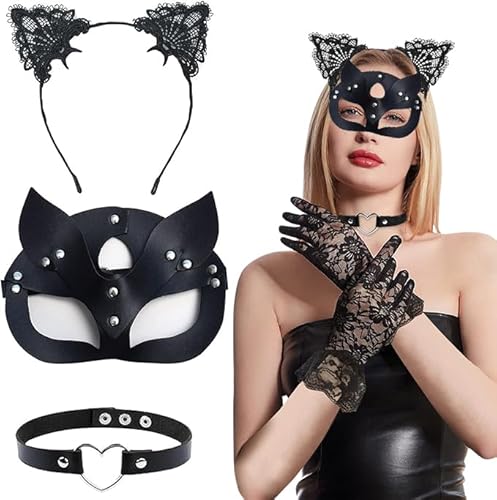 Maske Damen, 3 Stück Cat Women Maske, Kostüm Damen, Katzenmaske, Katzen Stirnband, Halskette,Cat Woman Mask für Karneval Valentinstag Maskerade Kostüm Party Nachtclub von Seasboes