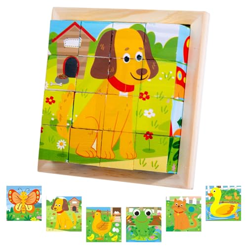 Würfelpuzzle, Holzpuzzle 3D, Lernspielzeug Holzspielzeug, Würfelpuzzle Puzzlespiele 6 in 1 Tier-Motive für Kinder, Montessori Vorschule Lernspielzeug Geschenk für Jungen und Mädchen von Seasboes