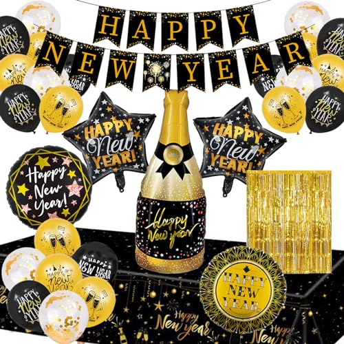 34 Stück Silvester Deko Gold, Silvester Party Dekoration Set, Happy New Year Banner, Foil Ballons, Champagnerflasche Folienballon, Silvesterpartydeko Accessoire für Silvesterparty von Seasboes