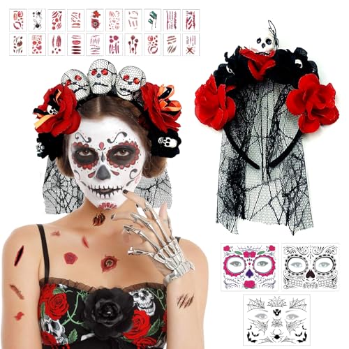 Tag Der Toten Haarschmuck, Halloween Tag Der Toten Haarreif und Schleier, Rosenschädel-Dia De Los Muertos Haarreif mit Halloween Tattoo Gesicht und Aufkleber für Gothic-Cosplay-Party-Kostümzubehör von Seasboes