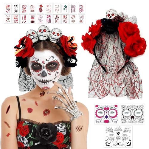 Tag Der Toten Haarschmuck, Halloween Tag Der Toten Haarreif und Schleier, Rosenschädel-Dia De Los Muertos Haarreif mit Halloween Tattoo Gesicht und Aufkleber für Gothic-Cosplay-Party-Kostümzubehör von Seasboes