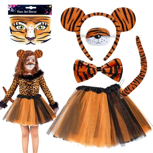 Tierkostüm Kinder, 6-teiliges Set Tiger kostüm Kinder Tutu Rock, Tierkostüm Set für Kinder mit Zubehör Ohren Stirnband Nase Fliege Schwanz für Kinder Karneval Fasching Halloween Kostüm Cosplay Partys von Seasboes