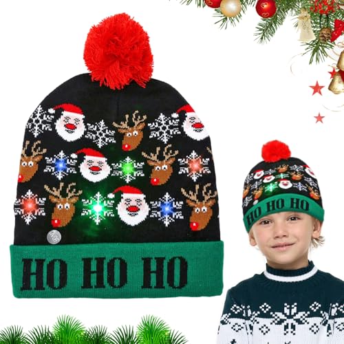 Weihnachtsmützen,LED-Weihnachtsmütze,Weihnachtsmütze Kinder,Leuchtend Weihnachtsmützen,Weihnachtsmützen Einheitsgröße für Erwachsene und Kinder,Strickmütze Geschenke für Weihnachts(Weihnachtsman Elch) von Seasboes