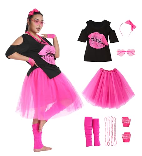 Seawhisper 80er 90er Jahre Outfit Damen Große Größen Neon Party Outfit Bad Taste Kleidung Faschingskostüme Übergröße Karnevalskostüme Rosa 42-44 von Seawhisper