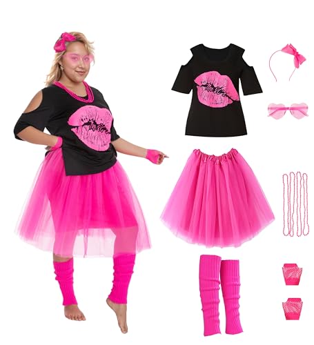 Seawhisper 80er Jahre Kostüme T-Shirt Tutu für Übergröße Frauen Mädchen Halloween Outfit Styles Zubehör 12-30, Rosenrot, 16-18 von Seawhisper