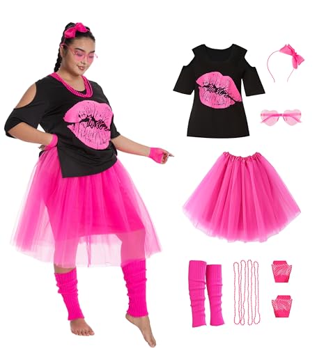 Seawhisper 80er Jahre Kostüme T-Shirt Tutu für Übergröße Frauen Mädchen Halloween Outfit Styles Zubehör 12-30, Rosenrot, 16-18 von Seawhisper