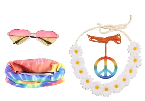 Seawhisper Hippie Accessoires 70er 80er 90er Jahre Kleidung Damen Brille Kette Sonnenbrillen Haarband Schmuck Ohrringe Flower Power Abba Kostüm von Seawhisper