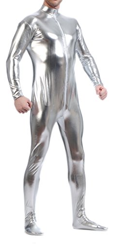 Seeksmile Unisex Metallic Bodysuit Zentai ohne Kapuze Erwachsene Glänzend Einteiler Spandex Body Anzug Halloween Kostüm, silber, 3XL von Seeksmile