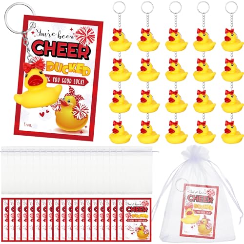 Seenelling 20 Set Cheer Gifts Bulk Includes Duck Keychain You've Been Cheer Ducked Tags Small Ribbon Bows Organza Bags Dispensing Glue Inspirational Gift for Cheerleader Team (Red) von Seenelling