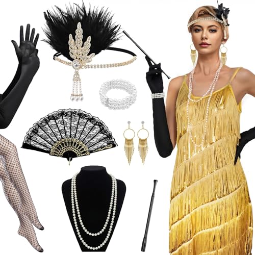 12 Stück 1920er Pailletten Fransen Kleid mit Zubehör, brüllendes 20er Jahre Great Gatsby Flapper-Kleid mit Stirnband, Perlenkette für Damen (Gold, L) von Sekepingo