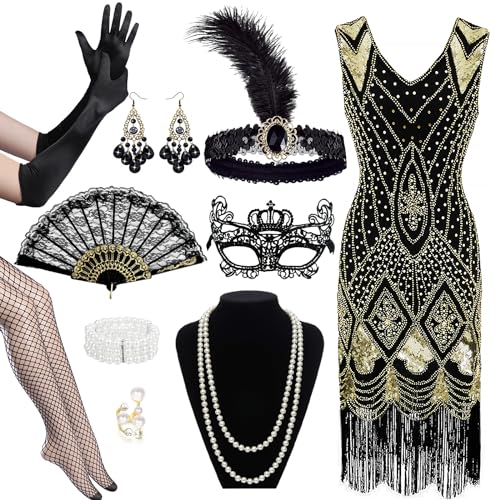 10PCS Accessoire Set für Damen im 1920er Jahre-Stil V-Ausschnitt-Flapper-Kleid mit Kopfband Maske Fischnetzstrümpfen Spitzenfächer Perlen-Schmuck und langen Handschuhen Tolles Gatsby-Kostüm Partys M von Sekepingo