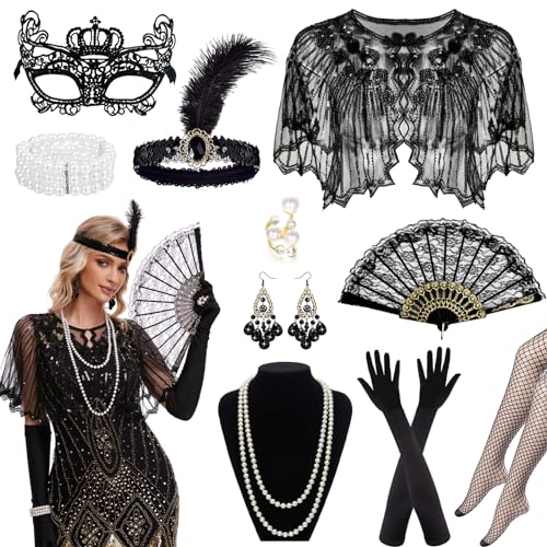 20er Jahre Accessoires Gatsby Kostüm Damen Roaring 20's Theme Party Outfit Schal Karneval Faschingskostüme Kostüm Frauen mit Stirnband, Kopfbedeckung, Handschuhen, Halskette, Ohrringen, Schwarz von Sekepingo