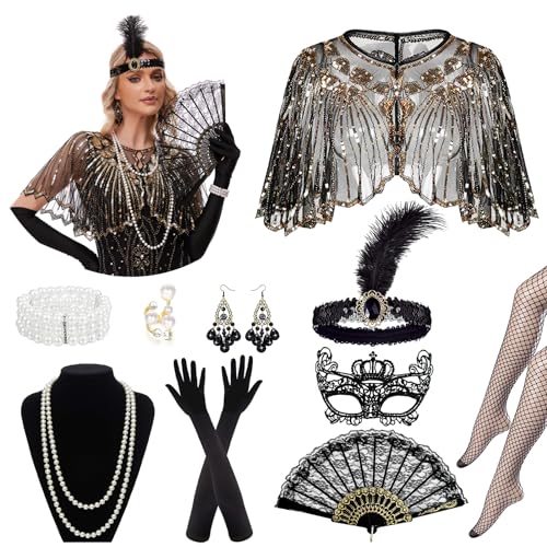 20er Jahre Accessoires Gatsby Kostüm Damen Roaring 20's Theme Party Outfit Schal Karneval Faschingskostüme Kostüm Frauen mit Stirnband, Kopfbedeckung, Handschuhen, Halskette, Ohrringen,Schwarz+ Gold von Sekepingo