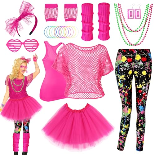 80er-Jahre-Kostüm, Fischnetz-Top für Damen und Mädchen, 1980er-Jahre-Kostüm-Outfit mit Neon-Accessoires, Kleidung, Tank-Tops, Leggings, Tutu, Beinstulpen, Handschuhe, Halskette, Armbänder für von Sekepingo