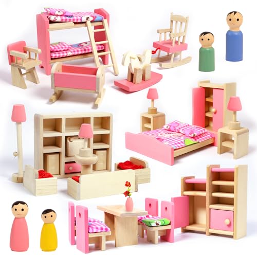 Puppenhaus-Möbel-Set aus Holz, Puppenhaus-Möbel mit 4 Familien-Puppen, einschließlich Kinderzimmer, Schlafzimmer, Wohnzimmer, Esszimmer, Zubehör für Jungen, Mädchen und Kinder, 33-teilig von Sekepingo