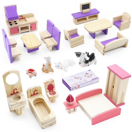 Puppenhaus Zubehör Möbel Holz Set Teilige Möbel mit Mini Katzenfiguren, Puppenschrank 25 Teilige Möbel Puppen Zubehör Spielzeug für Jungen, Mädchen und Kleinkinder 3+ Jahren von Sekepingo