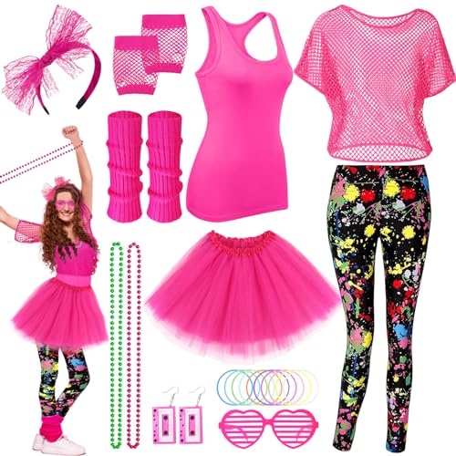 Sekepingo 24Pcs Damen 80er Jahre Kostümzubehör, 80er Jahre Fancy Kleid Outfit mit Mesh T-Shirt Tank Tops Leggings Tutu Rock für Themenparty Halloween, Rosa XL von Sekepingo