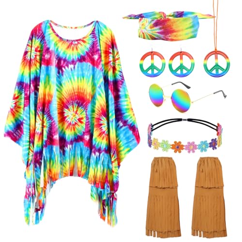 Sekepingo 7 Stück Hippie Kostüm Damen Karneval Fasching 60er 70er Jahre Outfit Hippie Kleid Accessoires Karnevalskostüm Flower Power Kleidung mit Stulpen Stirnband Ohrringe Halskette, Bandhnu von Sekepingo