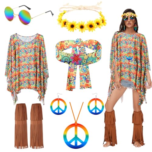 Sekepingo 7 Stück Hippie Kostüm Damen Karneval Fasching 60er 70er Jahre Outfit Hippie Kleid Accessoires Karnevalskostüm Flower Power Kleidung mit Stulpen Stirnband Ohrringe Halskette, Boho von Sekepingo