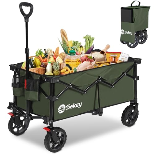 Sekey XL Bollerwagen Faltbar 150L 150KG mit Bremsen, Faltbarer Bollerwagen Handwagen Geländereifen, Zusammenfaltbar aus 4 Richtungen, Verstellbarer Handgriff, XL-G 4014, Olivgrün von Sekey