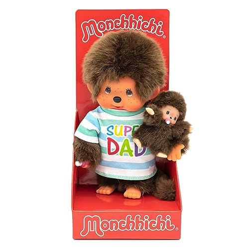 Sekiguchi 220960 - Original Monchhichi Junge, Plüschtier Papa mit Kind, Super Dad, ca. 20 cm großes Kuscheltier aus braunem Plüsch, Braun von Sekiguchi