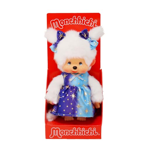 Sekiguchi 221240 - Original Monchhichi Mädchen mit Sternenlicht Kleid, ca. 20 cm großes Kuscheltier aus braunem Plüsch von Sekiguchi