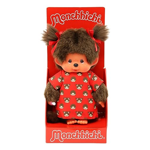 Sekiguchi 221295 - Original Monchhichi Mädchen, Plüschtier mit Monchichikleid und Schleifen, ca. 20 cm großes Kuscheltier aus braunem Plüsch von Sekiguchi