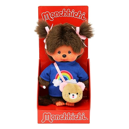 Sekiguchi 233724 - Original Monchhichi Mädchen, Regenbogen T- Shirt mit Tasche und Schleifen, ca. 20 cm großes Kuscheltier aus braunem Plüsch, Kuriertasche von Sekiguchi