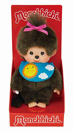 Sekiguchi 233748 - Original Monchhichi Mädchen Sleepy, Plüschfigur mit blauem Lätzchen und Zopf mit pinker Schleife, ca. 20 cm großes Kuscheltier aus braunem Plüsch von Sekiguchi