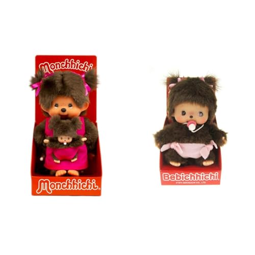 Sekiguchi 236200 - Original Monchhichi Mutter mit Baby & 235380 - Original Bebichhichi Mädchen, Plüschfigur von Sekiguchi