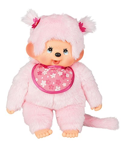 Sekiguchi 242405 - Original Monchhichi Mädchen Kirschblüte, Plüschtier mit Lätzchen und Zöpfen mit Blumen, ca. 45 cm großes Kuscheltier aus rosa Plüsch von Sekiguchi