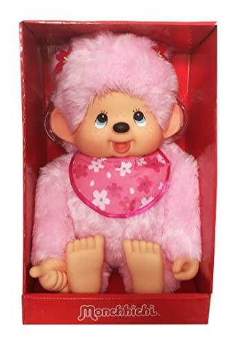 Sekiguchi 242429 - Original Monchhichi Mädchen Kirschblüte, Plüschtier mit Lätzchen und Zöpfen mit Blumen, ca. 80 cm großes Kuscheltier aus rosa Plüsch von Sekiguchi