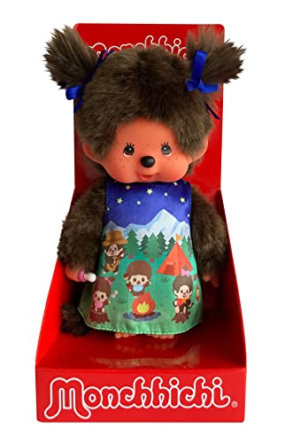 Sekiguchi 243082 - Original Monchhichi Mädchen, Plüschfigur mit Kleid und Zöpfen mit Schleifen, ca. 20 cm großes Kuscheltier aus braunem Plüsch von Sekiguchi