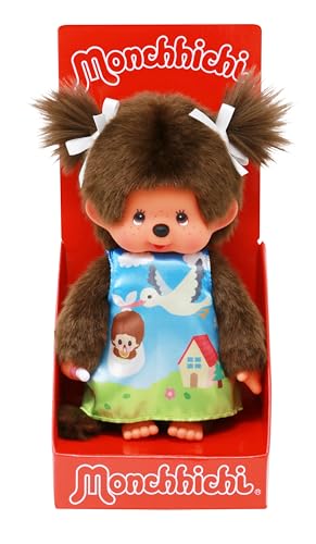 Sekiguchi 243891 - Original Monchhichi Mädchen, Plüschfigur mit Storchen-Kleid und Zöpfen mit Schleifen, ca. 20 cm großes Kuscheltier aus braunem Plüsch, Braun von Sekiguchi