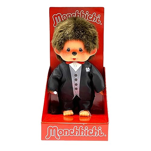 Sekiguchi 244065 - Original Monchhichi Junge, Plüschtier Bräutigam, ca. 20 cm großes Kuscheltier aus braunem Plüsch von Sekiguchi