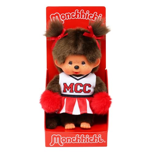 Sekiguchi 252879 - Original Monchhichi Mädchen Cheerleader, ca. 20 cm großes Kuscheltier aus braunem Plüsch von Sekiguchi