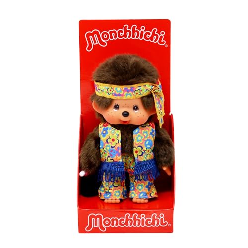 Sekiguchi 252886 - Original Monchhichi Junge Flower Power in Orange, Gelb und Blau, ca. 20 cm großes Kuscheltier aus braunem Plüsch von Sekiguchi