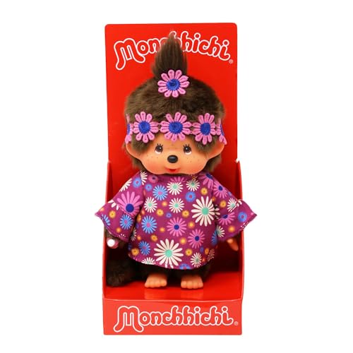 Sekiguchi 252893 - Original Monchhichi Mädchen Flower Power in Lila und Blau, ca. 20 cm großes Kuscheltier aus braunem Plüsch von Sekiguchi