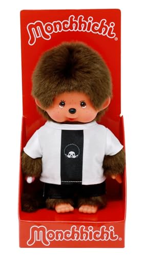 Sekiguchi 253869 - Original Monchhichi Junge Fußballspieler, ca. 20 cm großes Kuscheltier aus braunem Plüsch von Sekiguchi