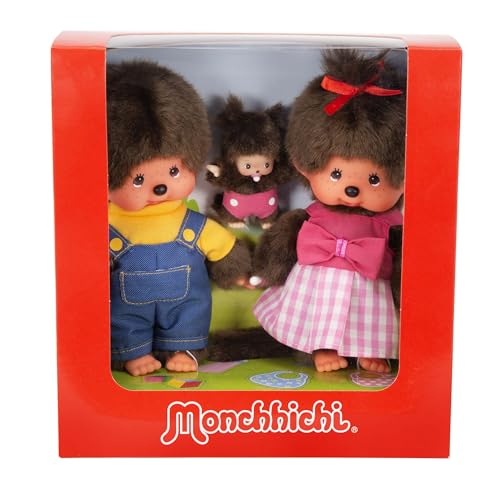 Sekiguchi 254870 - Original Monchhichi Mädchen und Junge mit Baby im Set, aus braunem Plüsch, mit Outfits, Brown von Sekiguchi