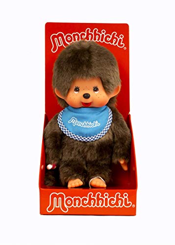 Sekiguchi 255040 - Original Monchhichi Junge, Plüschtier mit blauem Lätzchen und Zöpfen mit Schleifen, ca. 20 cm großes Kuscheltier aus braunem Plüsch, Braun von Sekiguchi